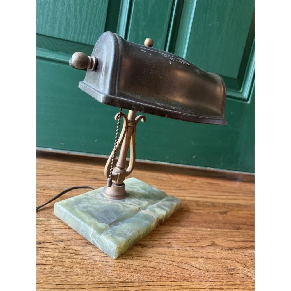 Vintage‎ Banker's Desk Lamp | Green Marble Base | Brass Lyre Stem | Mid Century